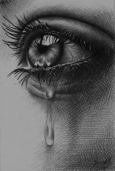 a pencil drawing of an eye with tears