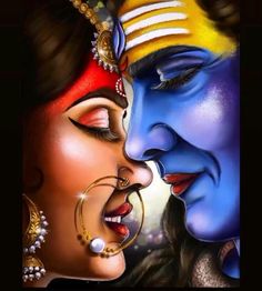 an artistic painting of two women with their faces painted in blue and gold, one is kissing the other's cheek