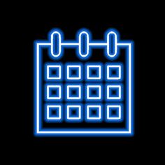 a neon blue glowing calendar icon on a black background with squares and circles in the middle