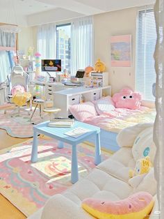 a child's bedroom decorated in pastel colors