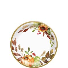 a white plate with autumn leaves and pumpkins on the rim, against a white background