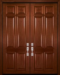 a wooden door with two sidelights on the top and bottom panel, in dark wood