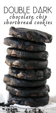 chocolate chip shortbread cookies stacked on top of each other with the words double dark