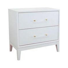 a white dresser with two drawers and gold pulls on the bottom, against a white background