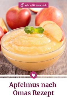 an image of apples and cheese in a bowl with the words appelmus nach omas rezept