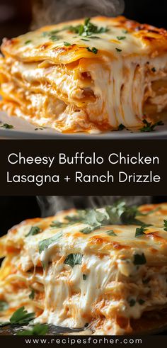 cheesy buffalo chicken lasagna and ranch drizzle on a plate