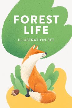 the forest life illustration set includes an orange fox and green leaves, with text that reads forest