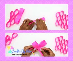 two pictures showing how to make pink ribbon bows with scissors and glue on the sides