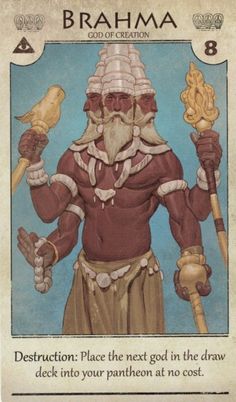 the card for brahmaa is shown with an image of a man holding two torches