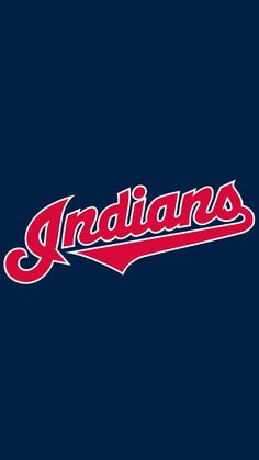 the cleveland indians logo on a dark blue background with red and white lettering that reads,