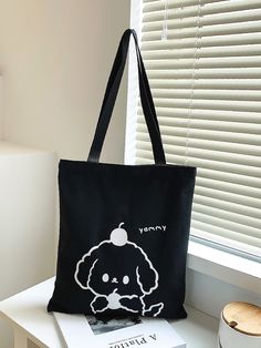 Bag For Love - Cartoon Graphic Shopper Bag  - Women Tote Bags Canvas Cartoon, Black Preppy, Cartoon Bag, Estilo Preppy, Style Preppy, Shopper Bag, Black Canvas, Black Tote Bag, Womens Tote