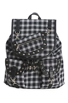 The Yamy Tartan Backpack from Lost Queen comes in Black & White, Blue, or Green to match your style. Channel the punk rock spirit with the metal skull drawstring pulls, studs, and zippers. This backpack secures with a drawstring and a magnetic button closure and has a ton of room, measuring approximately 15"x14"x4". It features twin front pockets and removable pouch with zip closure. It has adjustable shoulder straps and a top carry handle. Perfect for the new school year! Who is this bag for? I Punk Subculture, Plaid Backpack, Metal Skull, Punk Emo, Tartan Design, Red Tartan, Wallet Pouch, Black Backpack