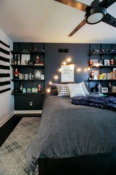 a bed room with a neatly made bed and shelves