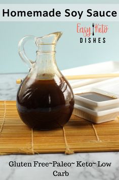 homemade soy sauce in a glass carafe on a bamboo mat with text overlay that reads gluten free - pale keto - low carb