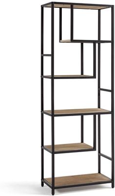 an industrial shelving unit with four shelves and one shelf on each side, in black metal