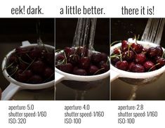 four pictures showing different stages of washing cherries