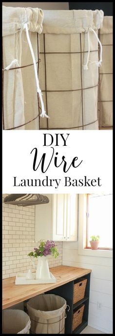 the diy wire laundry basket is hanging on a wall