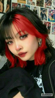 Whos Your Color Person, Dyed Hair Styles For Black Hair, Pretty Natural Hair Color Ideas, Red On Top Blonde Underneath Hair, Colored Wolfcut Hair, Black Hair Dipped Ends, Aesthetic Hair Color Short, Red Underdye Hair Wolfcut, Dyed Hair On Brown Hair