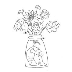 a drawing of flowers in a vase with an elephant on the bottom and butterflies flying around