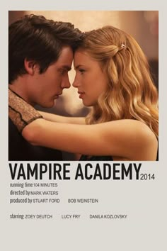 the poster for vampire academy shows a man and woman embracing in front of each other