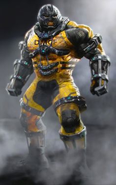 a yellow and black robot standing on top of a foggy ground with his hands in his pockets