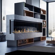 a modern fireplace in the middle of a living room