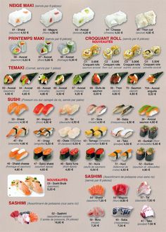 a menu with different types of sushi on it