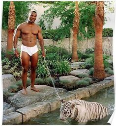 a man in white trunks standing next to a tiger