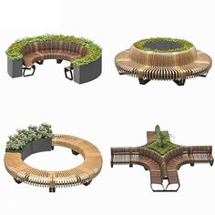 four different types of benches with plants in them