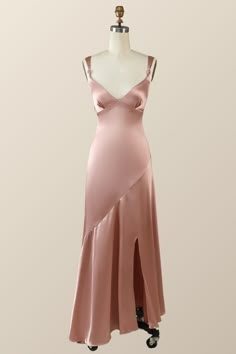 This sophisticated blush pink silk sheath bridesmaid dress is a showstopper! With a flattering V-neck and fitted bodice, plus a ruffle bottom and side slit, you'll steal the show while still looking classy and chic. Get ready to make a statement and own the night! Sheath Bridesmaid Dress, Sweep Train Prom Dress, Asymmetrical Maxi Dress, Prom Dresses With Pockets, Lace Prom Dress, Rose Blush, Long Bridesmaid Dress, Candy Pink, Ruffled Maxi Dress