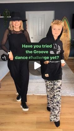 two people standing on a wooden floor in front of a surfboard with the words have you tried the grovee dance challenge yet?