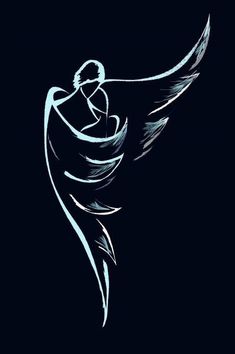 an artistic drawing of a woman with wings on a black background illustration by person, abstract drawings, graphic design, art and illustration, angel, line drawing, bird logo design, silhouette, dark background images, blue, digital art, creative artwork, symbols