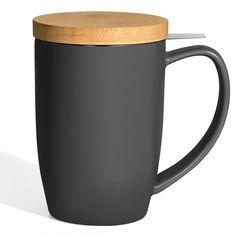 a black coffee cup with a wooden lid