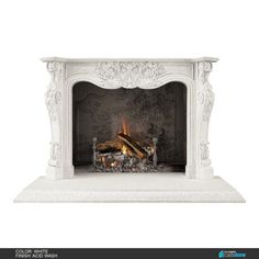 a white fireplace with an ornate design on the mantle