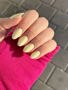 Yellow nails, long nails, short nails, almond nails, banana nails, pastel yellow nails, banana yellow nails, summer nails, spring nails All Yellow Nails, Pastel Yellow Nails Design Spring, Almond Nails Yellow Pastel, Yellow Oval Acrylic Nails, Short Nails Yellow Pastel, Soft Yellow Acrylic Nails, Muted Yellow Nails, Light Yellow Manicure, Yellow Nails Plain