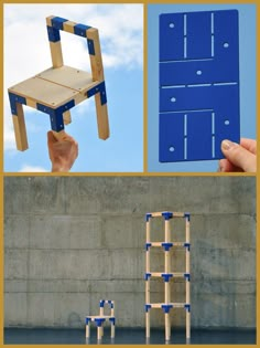 four different pictures with blue and white objects in them, including a chair made out of wood