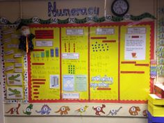 a bulletin board with numbers and animals on it in a classroom setting for children to learn