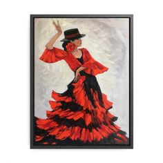 a painting of a woman in a red dress and black hat is hanging on the wall