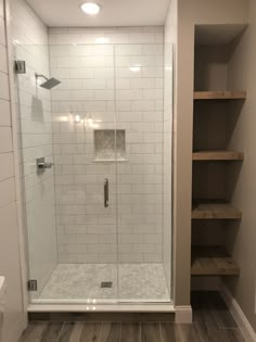 a walk in shower sitting inside of a bathroom