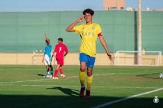 a soccer player in yellow and blue is on the field with his hand up to his face