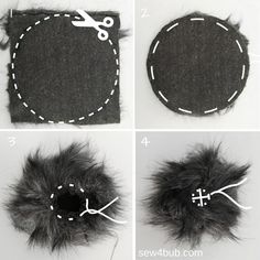 four pictures showing how to sew a fur hat with scissors and thread on it