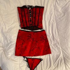 Never Worn. Red And Black Floral Print Bustier, Skirt And G-String. Size Medium. Elegant Red Floral Print Sets, Red And Black Lingerie, Red Tiered Mini Skirt With Floral Print, Red Floral Print Sleepwear, Red Vintage Floral Print Skirt, Black Floral, Lady In Red, Women's Intimates, Floral Prints