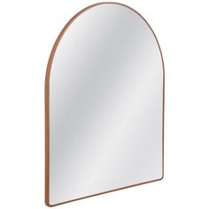 the arched mirror is made from wood and has a metal frame, with a white background