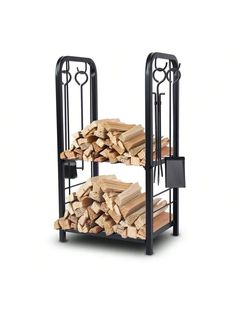 a stack of firewood sitting on top of a metal rack