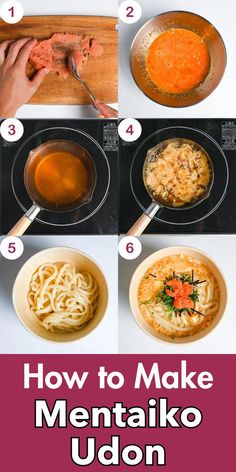 Step-by-step recipe photos showing the preparation process for creamy mentaiko udon from mixing spicy cod roe to assembling the final noodle dish Mentaiko Udon, Chewy Noodles, Udon Recipe, Dashi Broth, Noodle Dish, Udon Noodles