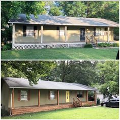 before and after shots of a home in the suburbs, with siding on the porch