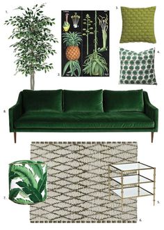 a living room with green furniture and decor