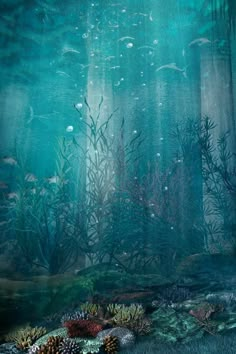 an underwater scene with corals and seaweed