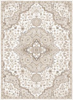 a beige and white rug with an intricate design