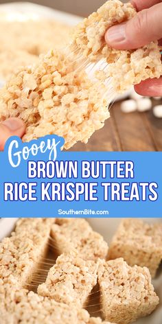 rice krispie treats on a plate with the words gooey brown butter rice krispies